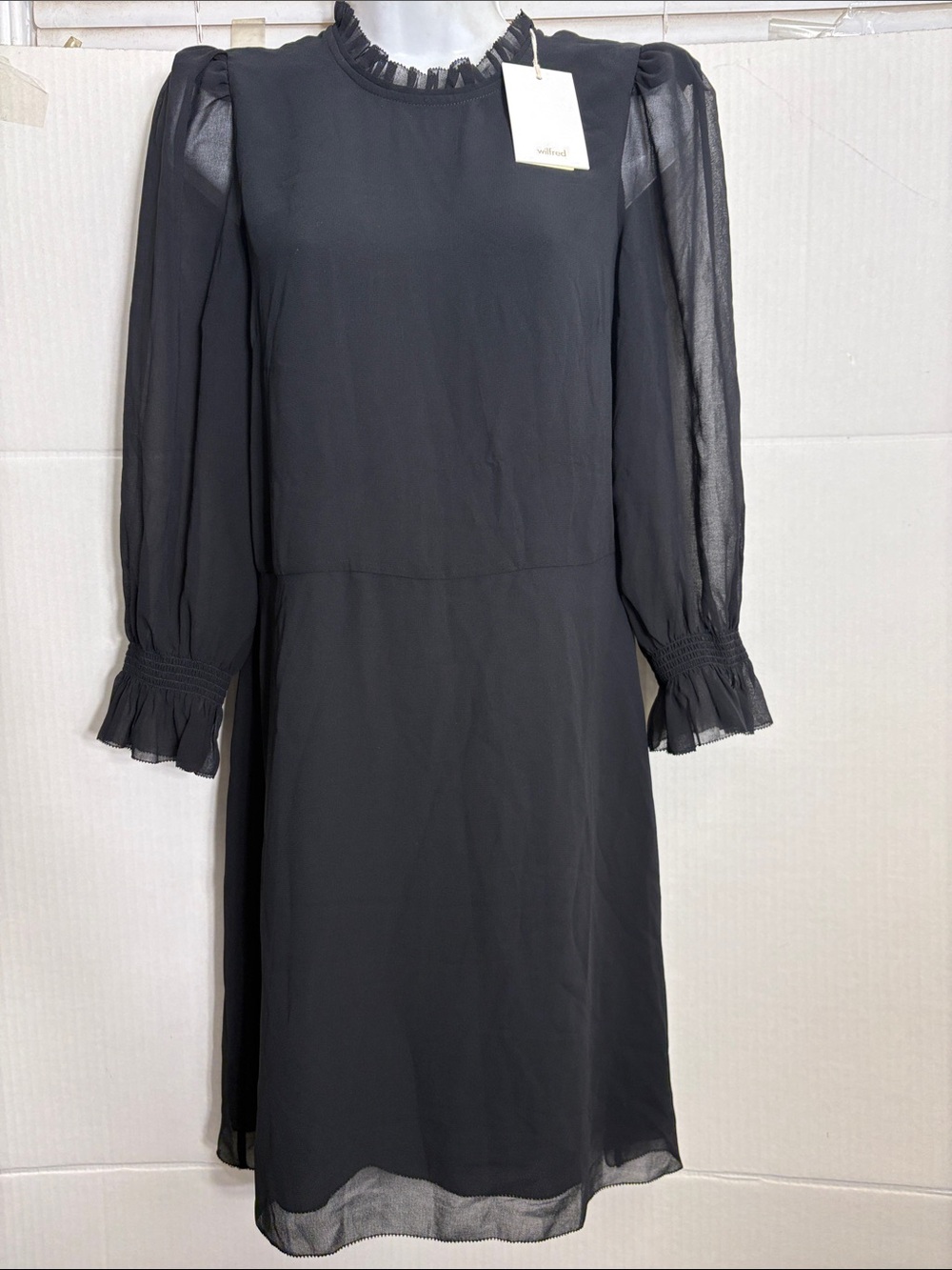 Aritzia Wilfred Black Long-Sleeve Ruffle-Trim Midi Dress Swept Dress 0599